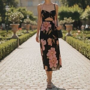 Reformation Black and Pink Floral Midi Dress